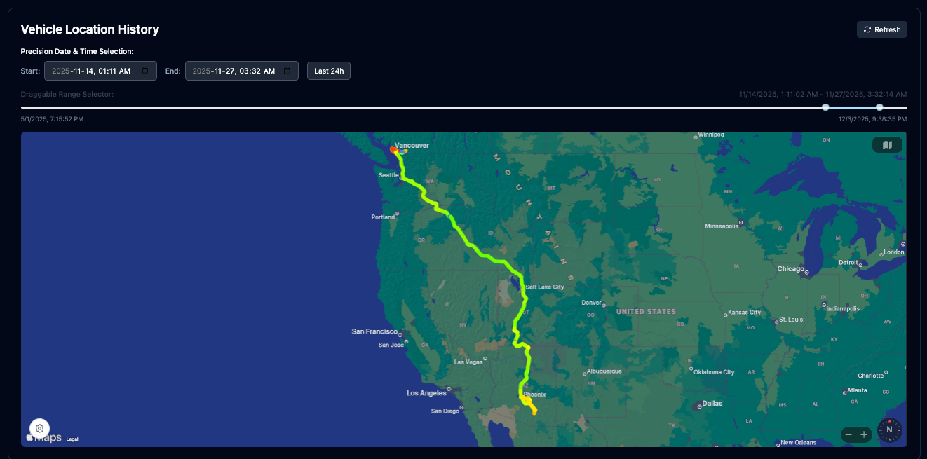 Location History Map showing Tesla GPS tracking and route visualization